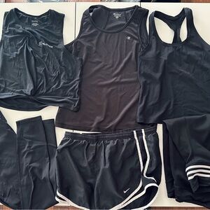 Nike, Champion, Adidas, Peloton + Black Women's 6pc Athletic Top and Bottom Set